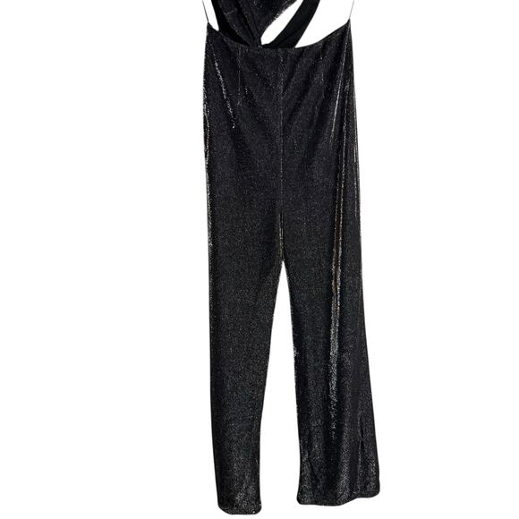 ROTATE Birger Christensen Isha Metallic Black Cut Out Halter V-Neck Jumpsuit 8 - Picture 11 of 15